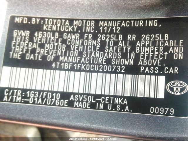 Photo 8 VIN: 4T1BF1FK0CU200732 - TOYOTA CAMRY 