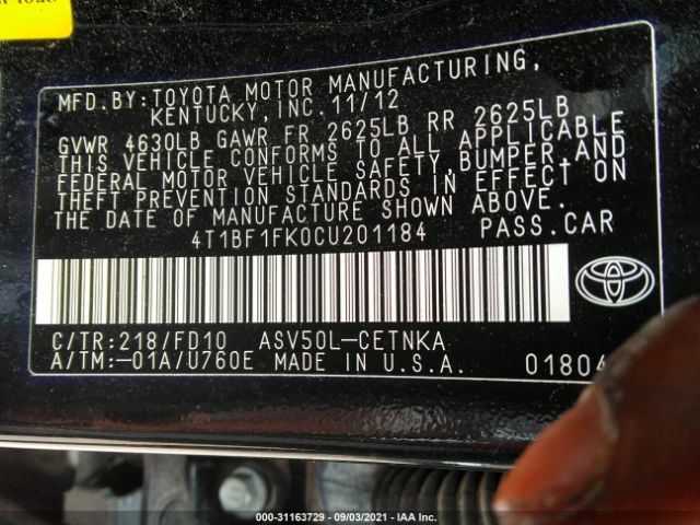 Photo 8 VIN: 4T1BF1FK0CU201184 - TOYOTA CAMRY 