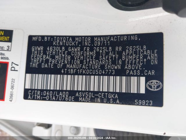 Photo 8 VIN: 4T1BF1FK0CU504773 - TOYOTA CAMRY 