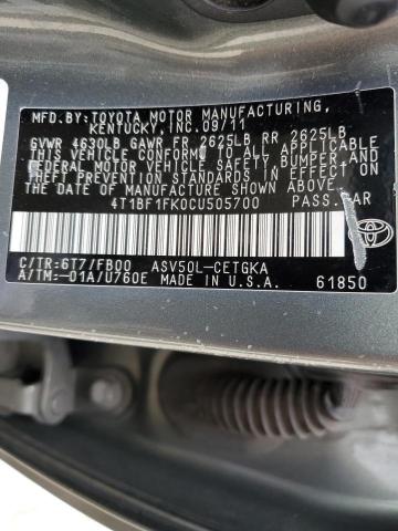 Photo 11 VIN: 4T1BF1FK0CU505700 - TOYOTA CAMRY BASE 