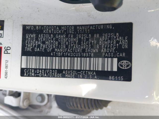 Photo 8 VIN: 4T1BF1FK0CU518978 - TOYOTA CAMRY 