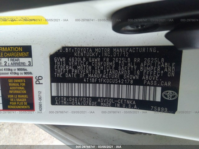 Photo 8 VIN: 4T1BF1FK0CU542178 - TOYOTA CAMRY 