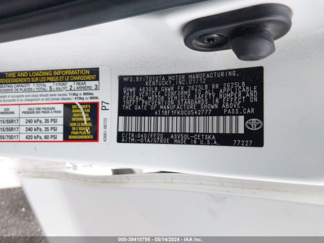 Photo 8 VIN: 4T1BF1FK0CU542777 - TOYOTA CAMRY 