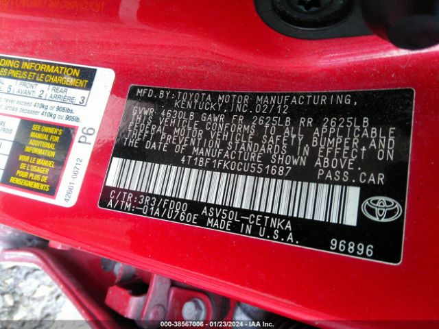 Photo 8 VIN: 4T1BF1FK0CU551687 - TOYOTA CAMRY 