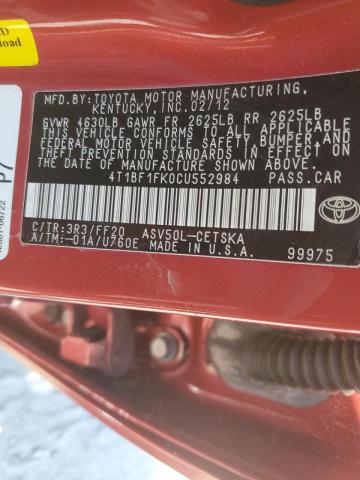 Photo 11 VIN: 4T1BF1FK0CU552984 - TOYOTA CAMRY BASE 