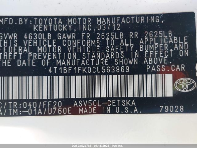 Photo 8 VIN: 4T1BF1FK0CU563869 - TOYOTA CAMRY 