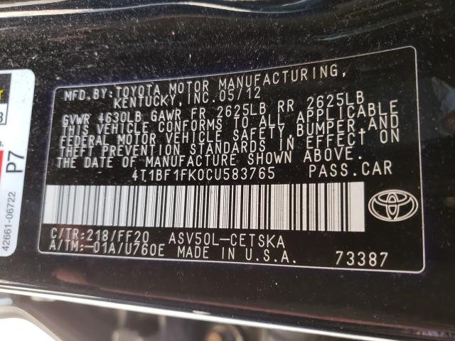 Photo 9 VIN: 4T1BF1FK0CU583765 - TOYOTA CAMRY BASE 