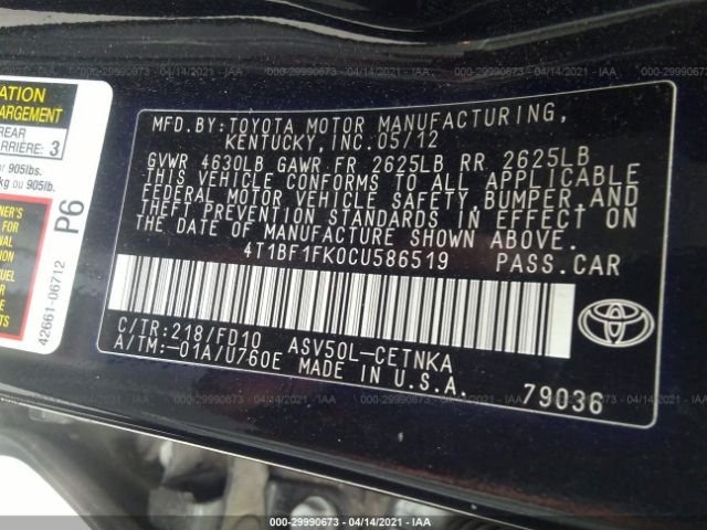 Photo 8 VIN: 4T1BF1FK0CU586519 - TOYOTA CAMRY 