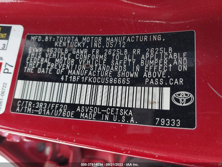 Photo 8 VIN: 4T1BF1FK0CU586665 - TOYOTA CAMRY 