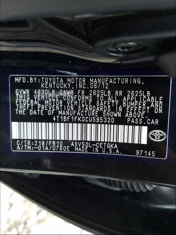 Photo 9 VIN: 4T1BF1FK0CU595320 - TOYOTA CAMRY BASE 