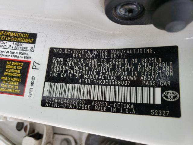 Photo 9 VIN: 4T1BF1FK0CU598007 - TOYOTA CAMRY BASE 