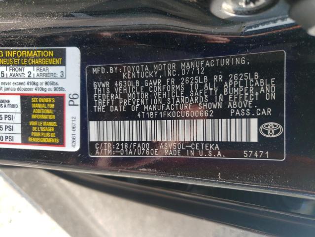 Photo 11 VIN: 4T1BF1FK0CU600662 - TOYOTA CAMRY BASE 