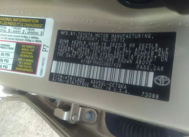 Photo 8 VIN: 4T1BF1FK0CU607420 - TOYOTA CAMRY 