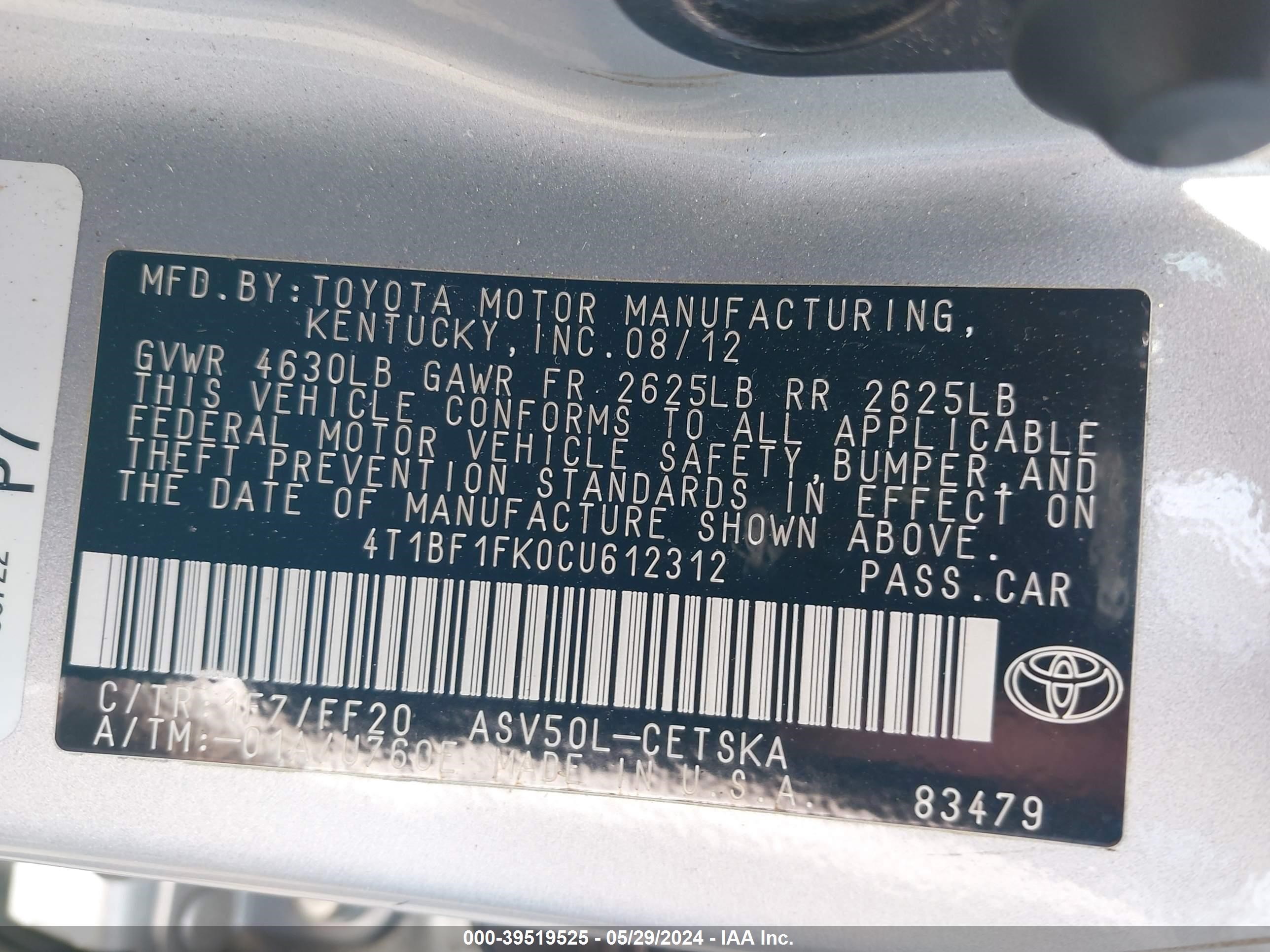 Photo 8 VIN: 4T1BF1FK0CU612312 - TOYOTA CAMRY 