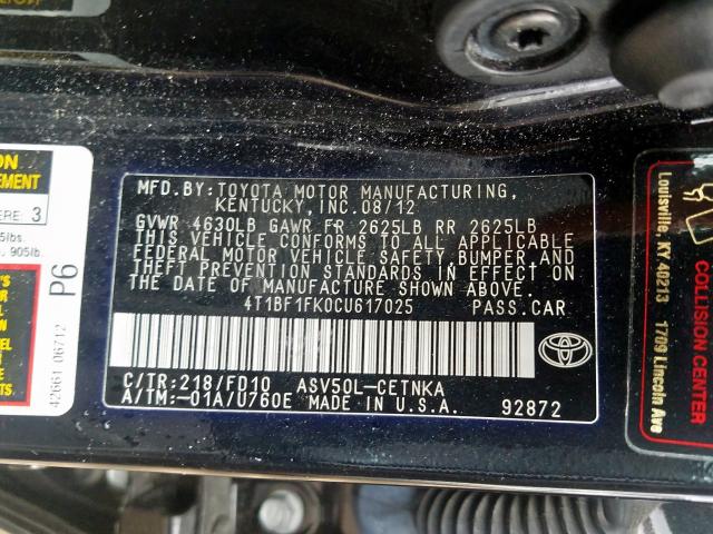 Photo 9 VIN: 4T1BF1FK0CU617025 - TOYOTA CAMRY BASE 