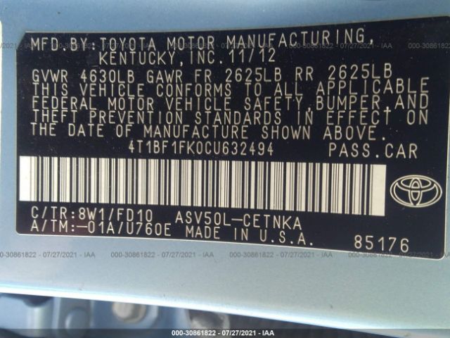 Photo 8 VIN: 4T1BF1FK0CU632494 - TOYOTA CAMRY 