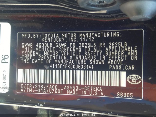 Photo 8 VIN: 4T1BF1FK0CU633144 - TOYOTA CAMRY 