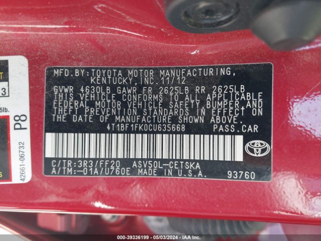 Photo 8 VIN: 4T1BF1FK0CU635668 - TOYOTA CAMRY 