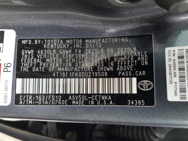 Photo 9 VIN: 4T1BF1FK0DU219508 - TOYOTA CAMRY L 