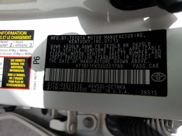 Photo 9 VIN: 4T1BF1FK0DU221789 - TOYOTA CAMRY L 