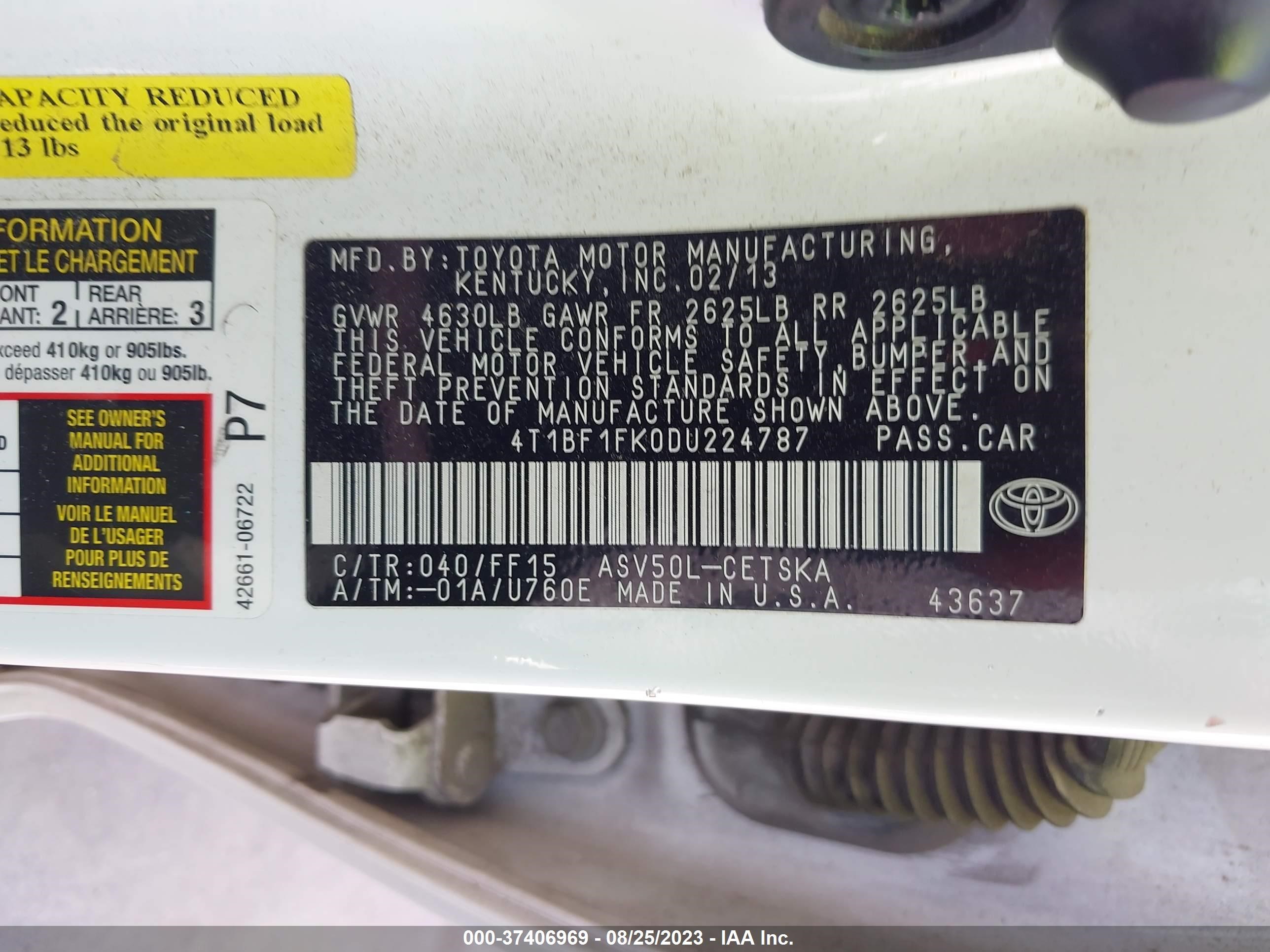 Photo 8 VIN: 4T1BF1FK0DU224787 - TOYOTA CAMRY 