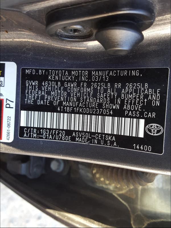 Photo 9 VIN: 4T1BF1FK0DU237054 - TOYOTA CAMRY L 