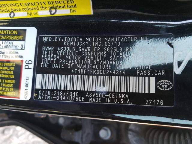 Photo 9 VIN: 4T1BF1FK0DU244344 - TOYOTA CAMRY L 