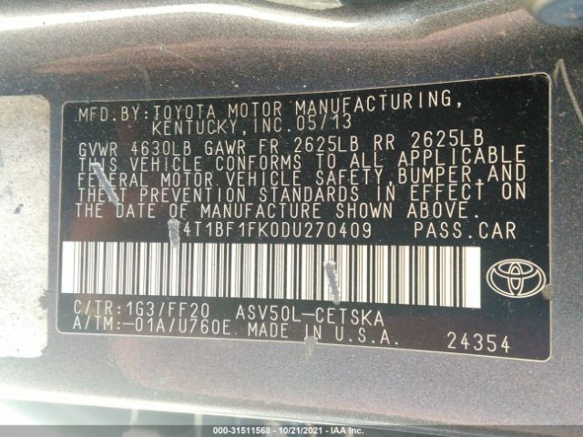 Photo 8 VIN: 4T1BF1FK0DU270409 - TOYOTA CAMRY 