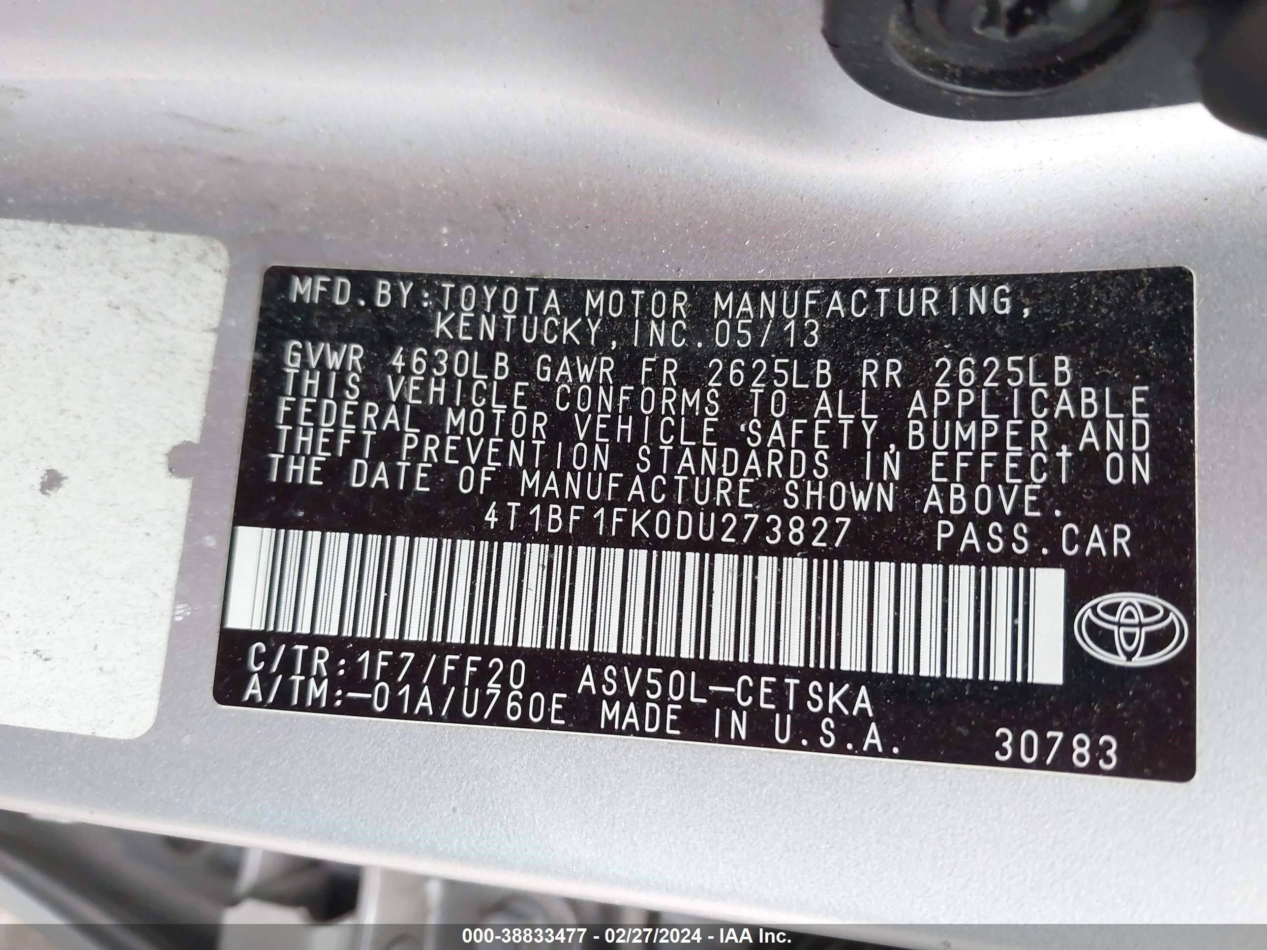 Photo 8 VIN: 4T1BF1FK0DU273827 - TOYOTA CAMRY 