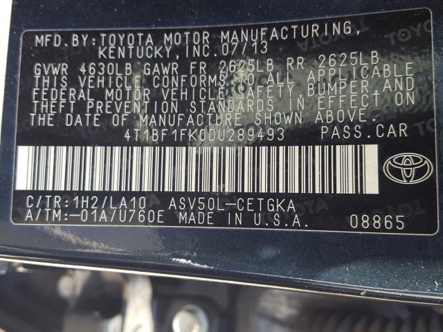 Photo 9 VIN: 4T1BF1FK0DU289493 - TOYOTA CAMRY L 