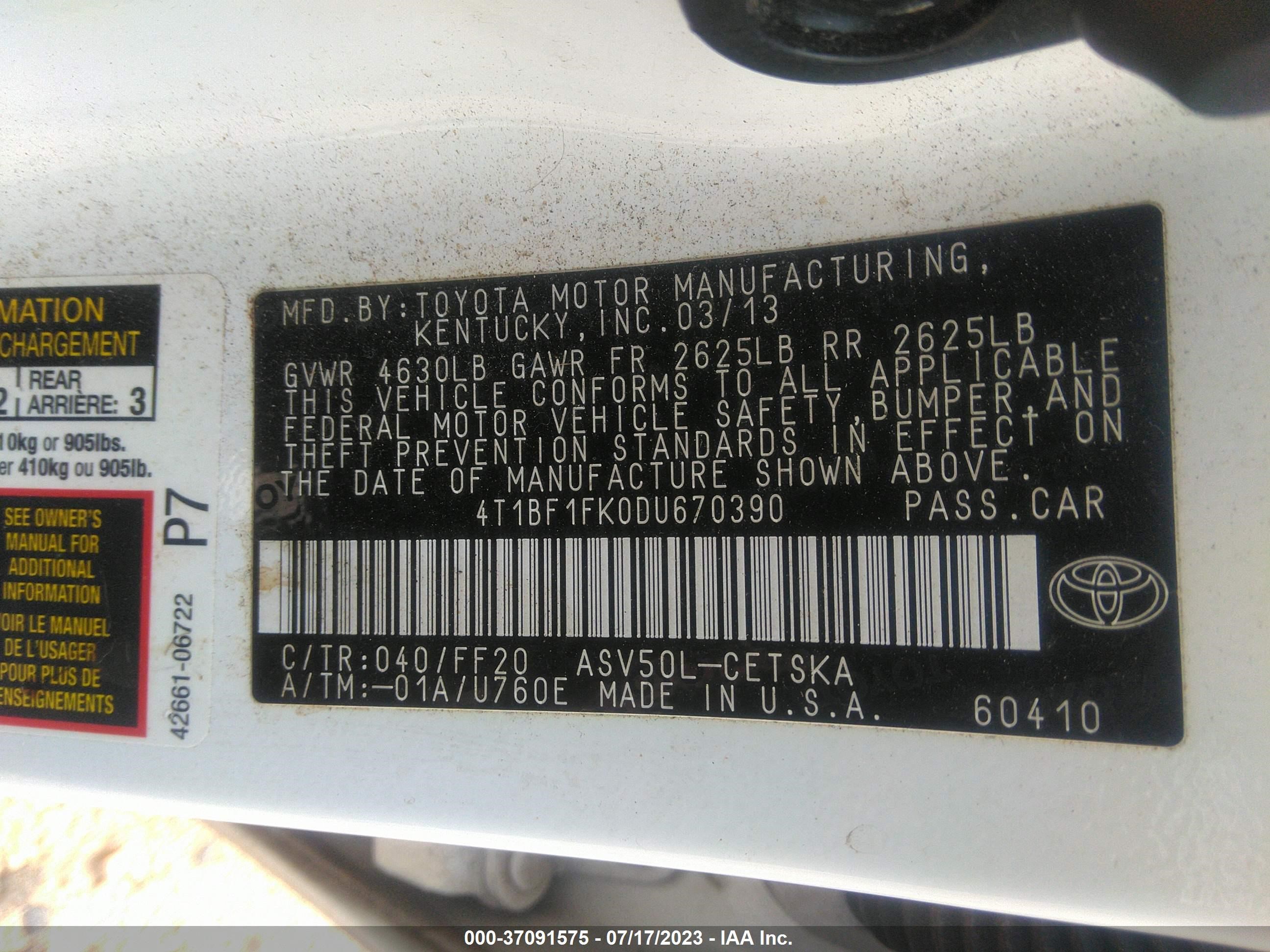 Photo 8 VIN: 4T1BF1FK0DU670390 - TOYOTA CAMRY 