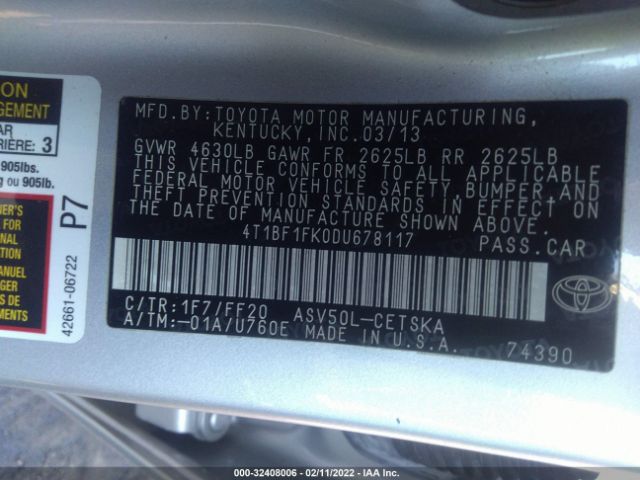 Photo 8 VIN: 4T1BF1FK0DU678117 - TOYOTA CAMRY 