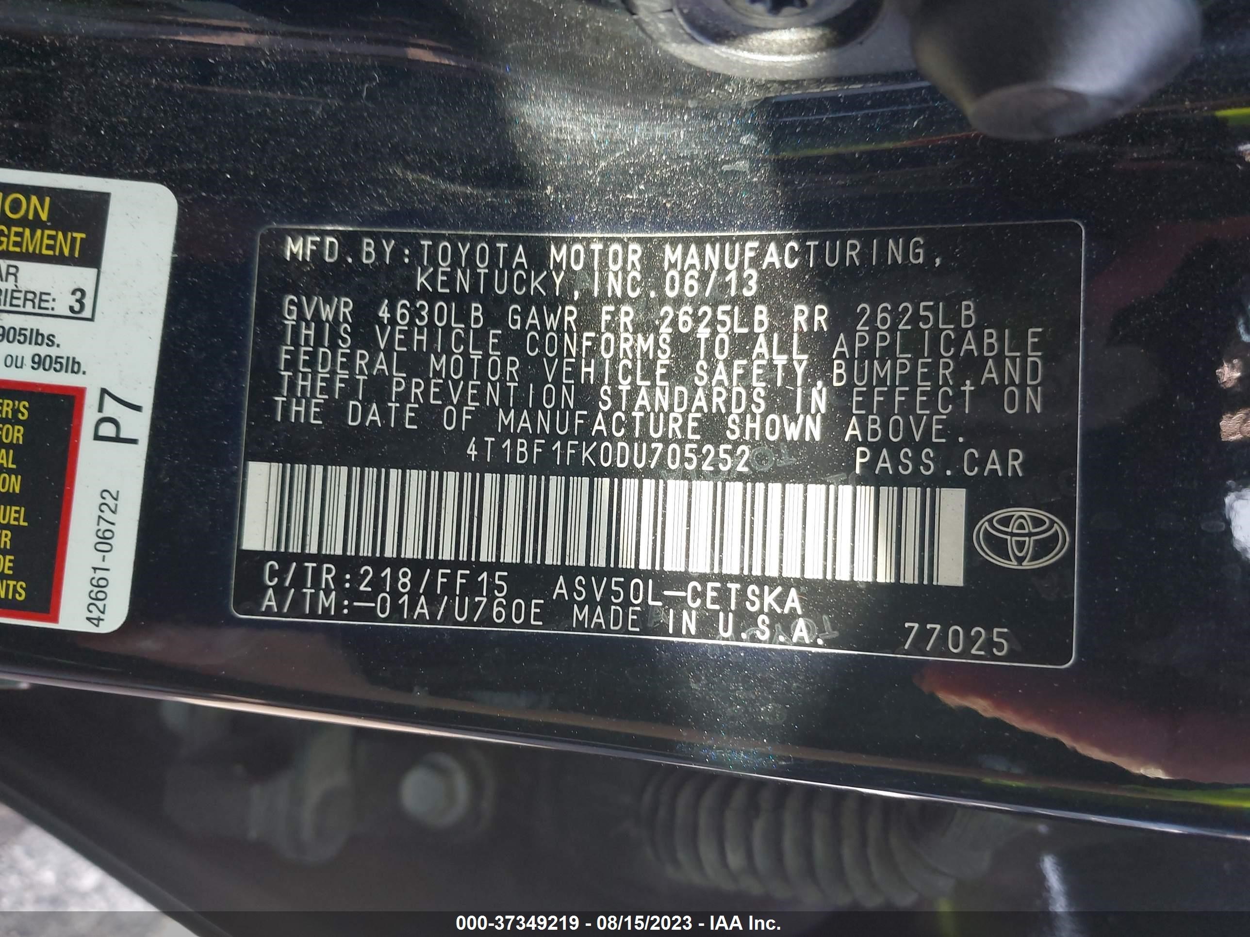 Photo 8 VIN: 4T1BF1FK0DU705252 - TOYOTA CAMRY 