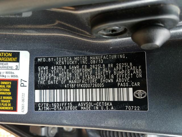 Photo 9 VIN: 4T1BF1FK0DU726005 - TOYOTA CAMRY L 