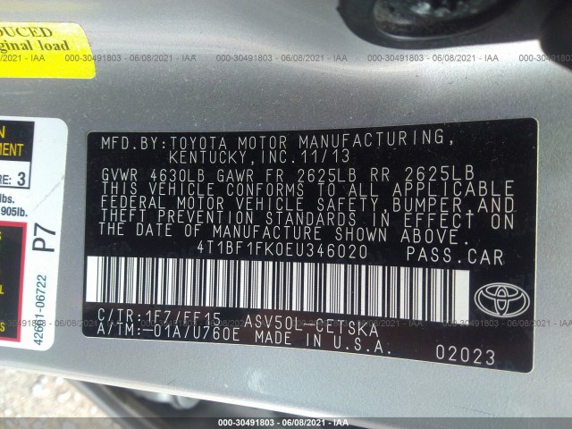 Photo 8 VIN: 4T1BF1FK0EU346020 - TOYOTA CAMRY 