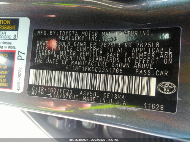 Photo 8 VIN: 4T1BF1FK0EU351766 - TOYOTA CAMRY 