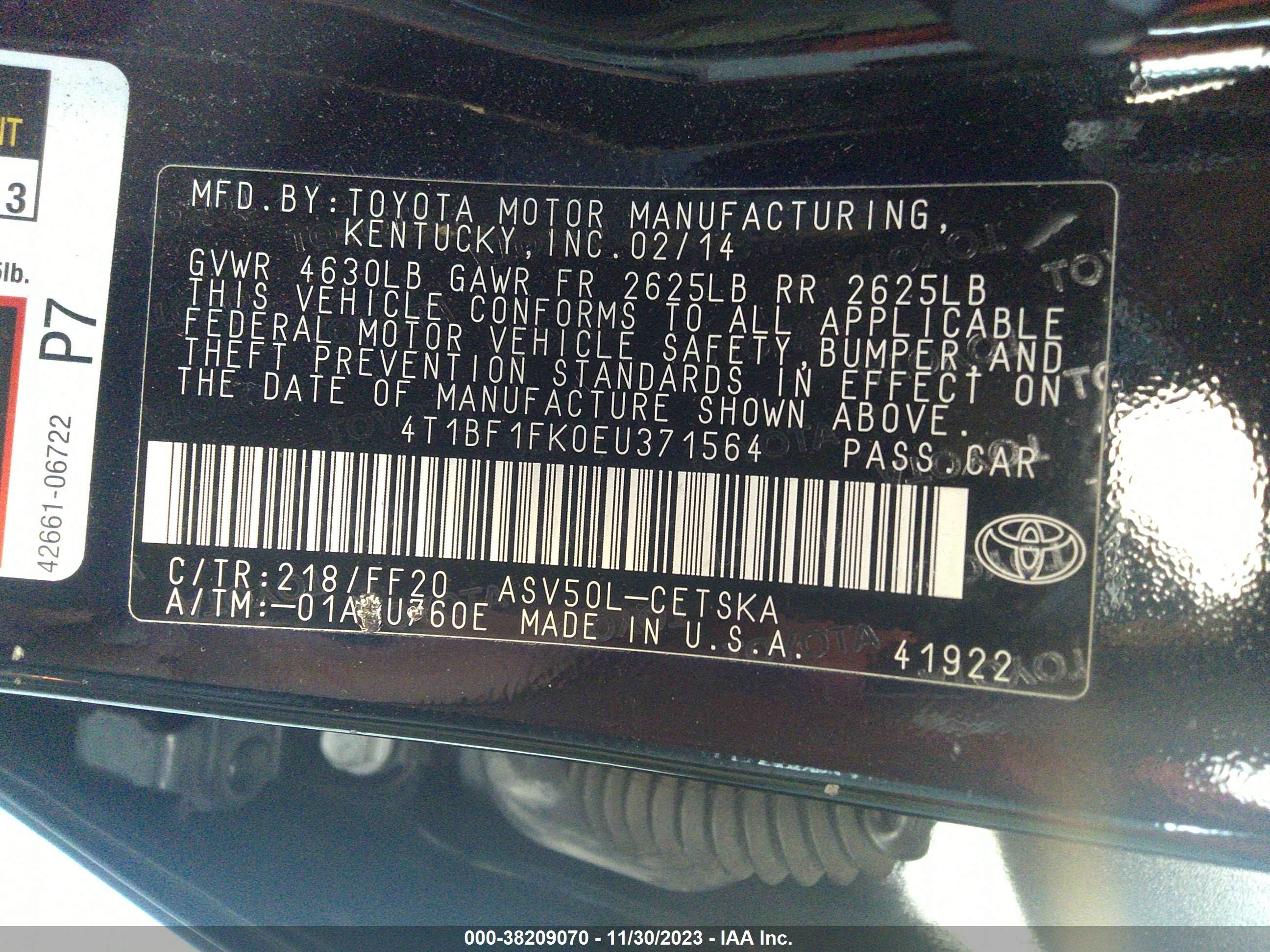 Photo 8 VIN: 4T1BF1FK0EU371564 - TOYOTA CAMRY 