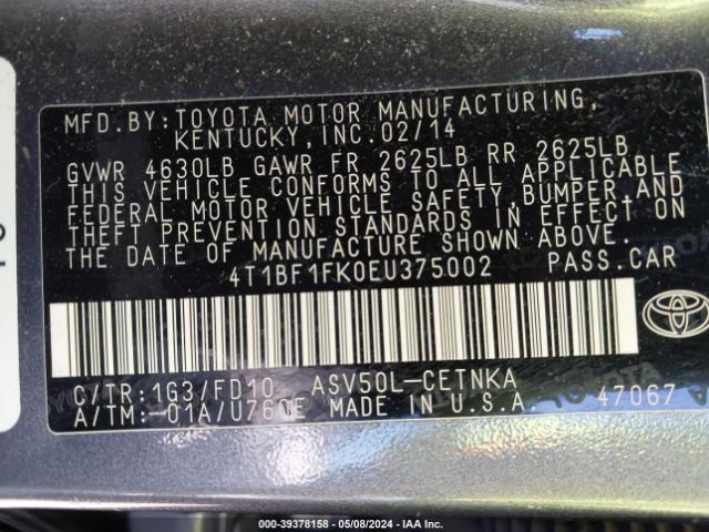 Photo 8 VIN: 4T1BF1FK0EU375002 - TOYOTA CAMRY 