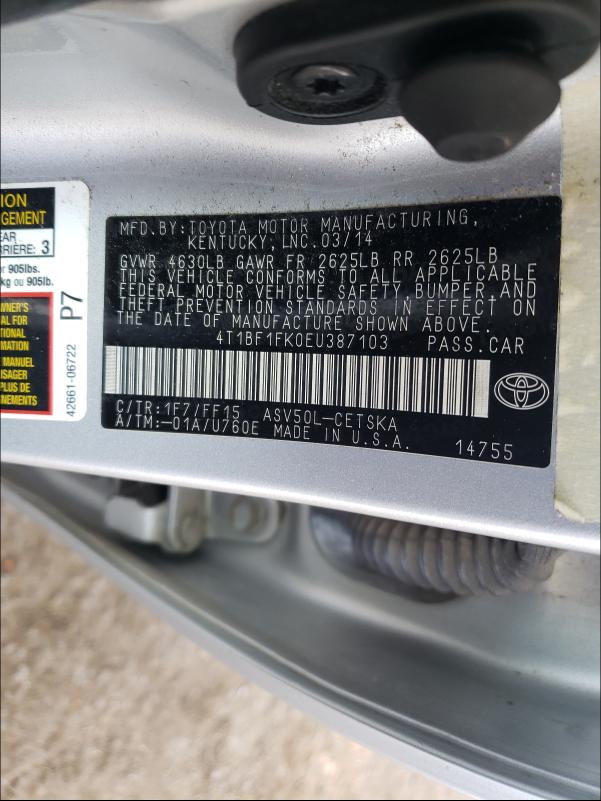 Photo 9 VIN: 4T1BF1FK0EU387103 - TOYOTA CAMRY L 