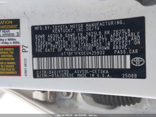 Photo 8 VIN: 4T1BF1FK0EU425932 - TOYOTA CAMRY 