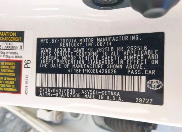 Photo 8 VIN: 4T1BF1FK0EU429026 - TOYOTA CAMRY 