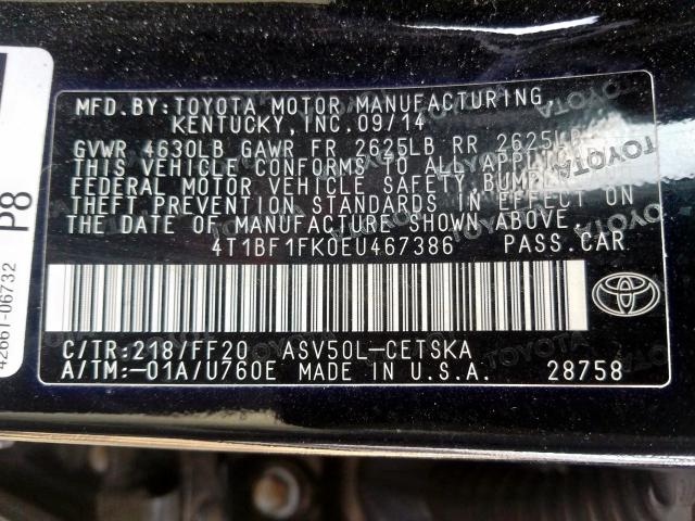 Photo 9 VIN: 4T1BF1FK0EU467386 - TOYOTA CAMRY L 