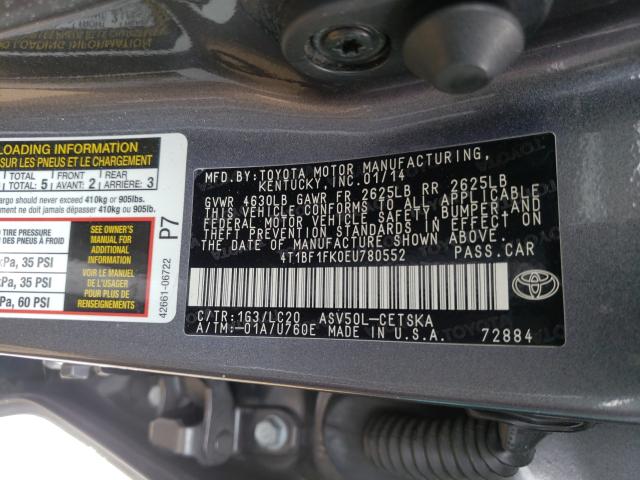 Photo 9 VIN: 4T1BF1FK0EU780552 - TOYOTA CAMRY L 