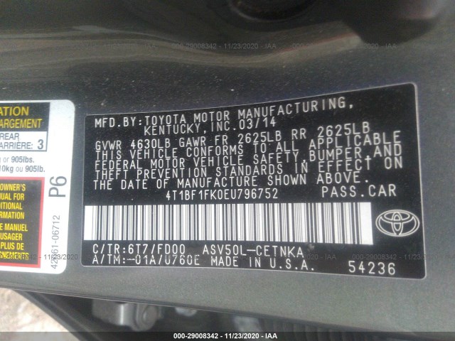 Photo 8 VIN: 4T1BF1FK0EU796752 - TOYOTA CAMRY 