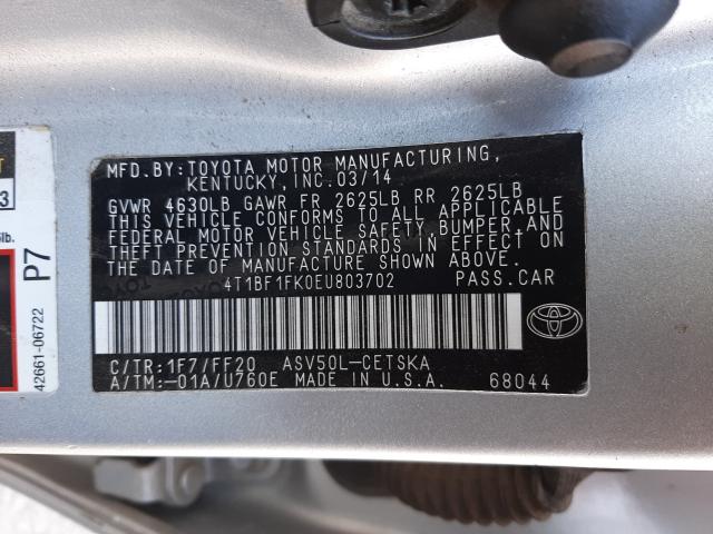 Photo 9 VIN: 4T1BF1FK0EU803702 - TOYOTA CAMRY L 