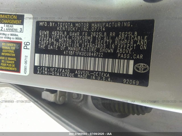 Photo 8 VIN: 4T1BF1FK0EU848722 - TOYOTA CAMRY 