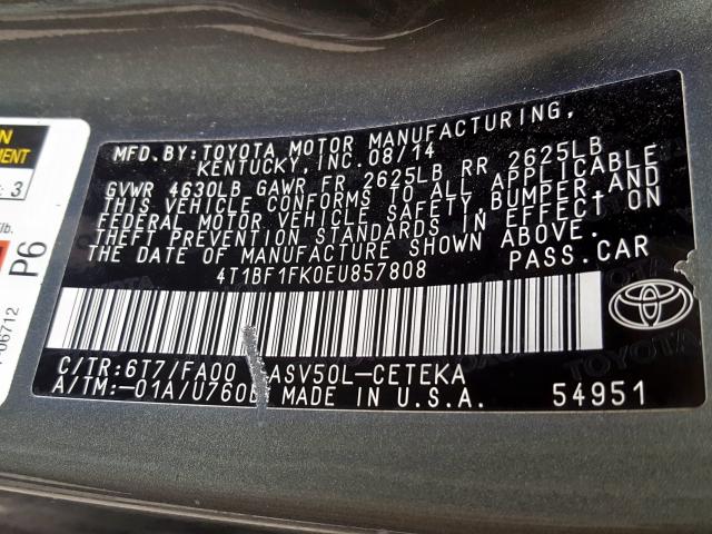 Photo 9 VIN: 4T1BF1FK0EU857808 - TOYOTA CAMRY L 