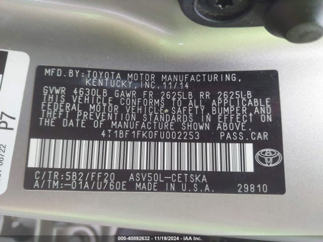 Photo 8 VIN: 4T1BF1FK0FU002253 - TOYOTA CAMRY 