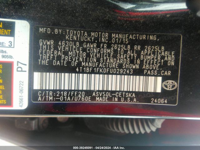 Photo 8 VIN: 4T1BF1FK0FU029243 - TOYOTA CAMRY 