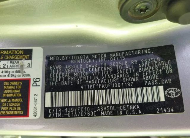 Photo 8 VIN: 4T1BF1FK0FU061187 - TOYOTA CAMRY 